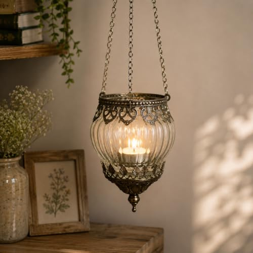 Glass Hanging Ribbed Tea Light Candle Holder Moroccan Home Decor Metal Lantern