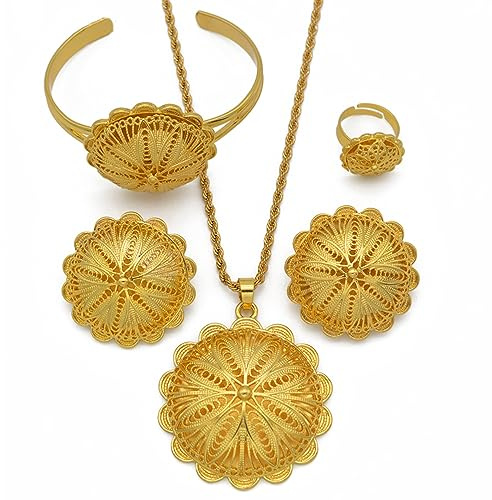 DELLEN Äthiopischer Schmuck Sets Anhänger Halsketten Ohrringe Ring Armreifen für Frauen Gold Farbe Eritreische Afrikanische Braut Weihnachtliches Geburtstagsgeschenk für Jubiläen