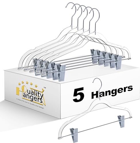 Clear Plastic Pants Hangers with Clips 5 Pack | Heavy Duty Skirt Hangers Swivel Hook and Notches | Space Saving Acrylic Clip Hangers for Pants | Suitable for All Clothing | 16.5 Inch (Clear, 5)