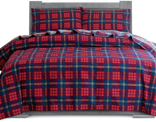 Elegant Comfort Soft 4-Piece 100% Turkish Cotton Flannel Sheet Set - Premium Quality, Deep Pocket Fitted Sheet, Ultra Soft, Cozy Warm Flannel Sheets - Queen, Plaid-Red/Navy