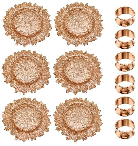 Trimming Shop 33cm Vintage Rose Gold Glass Charger Plates with Hammered Design Napkin Rings Pack of 6 for Weddings, Parties, Dinner Table Decorations, Catering Events, and Birthdays.