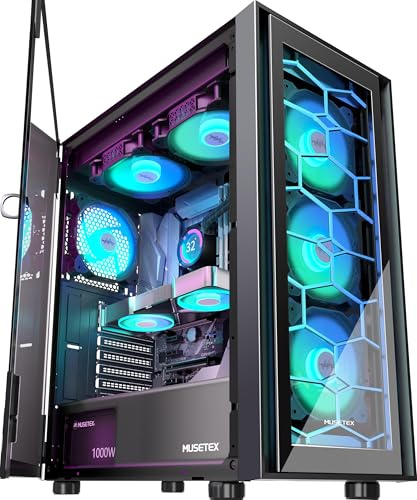MUSETEX ATX PC Case, 6 PWM ARGB Fans Pre-Installed, Computer Case with Opening Tempered Glass Door, Mid Tower Gaming PC Case, USB 3.0 x 2, Black, G07