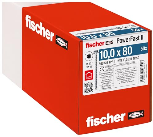 fischer PowerFast II HWTF 10,0 x 80, kraftvolle Holzbauschraube mit Sechskantkopf, Innenstern-Aufnahme und Vollgewinde, für den konstruktiven Holzbau, 50 Stk.