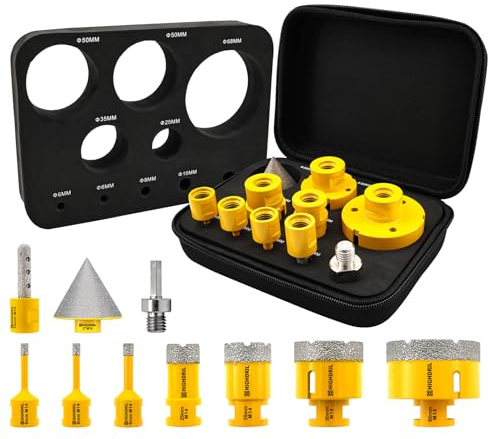 HIGHDRIL Diamantborrsats 10 st (6/6/8/25/35/50/68 mm diamantborrkronor + 10 mm diamantfräs + 50 mm fasvekar + adapter) hålsåg för keramiska plattor porslin marmor granit