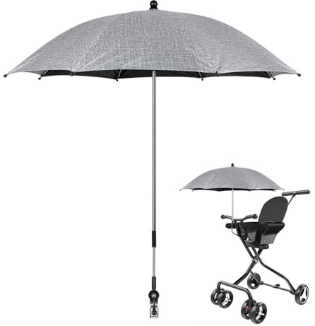 CLIUNT Kinderwagen Regenschirm, Universal Sonnenschirm Sonnenschutz, Sonnenschirme für Kinderwagen, für Kinderwagen und Buggy, mit Klemme, 360° Flexiblen(72CM, Grau)