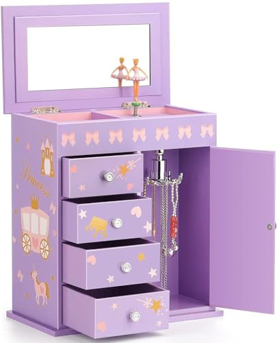 Redcoutt Schmuckkästchen für Mädchen mit 5 Schichten, Schwenktür, drehender Ballerina, Einhorn- und Schlossdesign, Einhorn-Geschenke für Mädchen, Geburtstags(Lila)