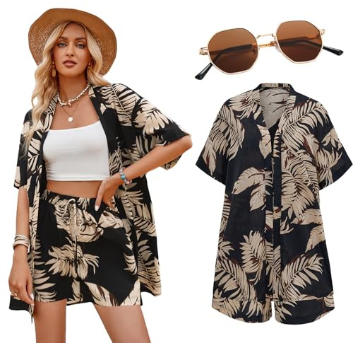Hawaii Hemd Damen Hawaii Outfit Kurzarm Shirt Shorts Hawaiihemd Floral Sommer Tropisch Aloha Strand Flamingo Hawaiian Lässig Sonnenbrille