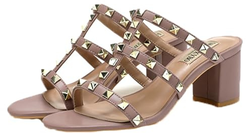 FamMe Damen-Pumps mit Nieten, offener Zehenbereich, Pantoletten, zum Reinschlüpfen, klobiger Block, hoher Absatz, Slingback, Hochzeitskleid, Slipper, Slide-Schuhe