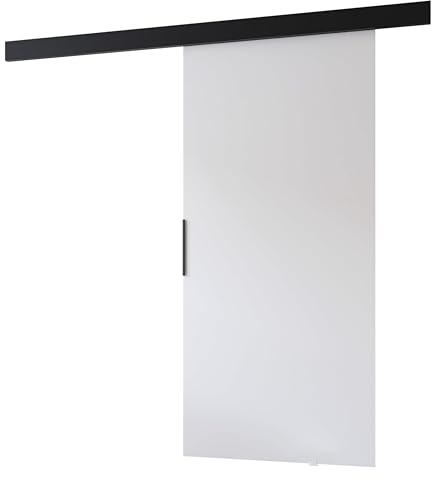 MINIO go for it - Schiebetür PRIM A, Zimmertür 86 cm, Schiebetürsystem, Lacobel, Wandmontage, schwarzer Griff, Farbe: Weiß/Schwarz