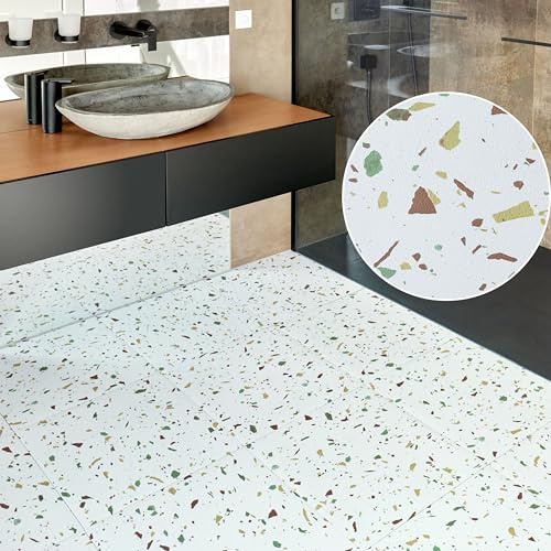 Vinyl Floor Tiles Self Adhesive - 10 Pack To Cover 22.50 sqft (2.09 sqm) - Vinyl Flooring Tile Size 18x18 in (45.7 x 45.7cm) - Large Square Peel and Stick Floor Tiles White Grey Terrazzo Effect