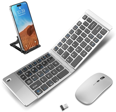 Clavier et souris sans fil pliable et pliable pour iPad, combo Bluetooth pour affaires et voyages, design portable compatible avec Windows, iOS, tablettes Android, smartphones et ordinateurs portables