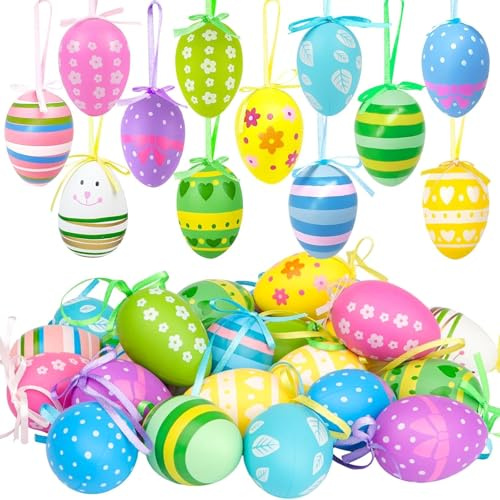 AIBAOBAO Œufs de Pâques à Suspendre 24 Pièces, Oeufs de Paques Plastique 6x4 cm avec Corde, Décoration de Pâques Multicolore pour Arbre, Maison et Jardin, pour Enfants et Printemps