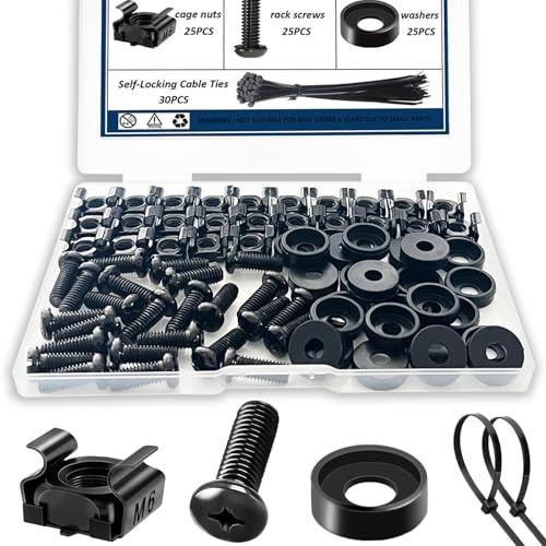 105 PCS M6 Rack Screws and cage Nuts Assortment Kit, Cage Screws and Nuts Washers Set for Mount Server Rack, Router Rack, Shelves, (M6 x 16mm), Black Zinc, with Free Self-Locking Cable Ties