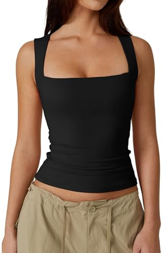 Vest Tank Tops for Women UK Summer Ladies Sleeveless Crop Top Sexy Square Neck Baisc Tight T-Shirt (Black,S)
