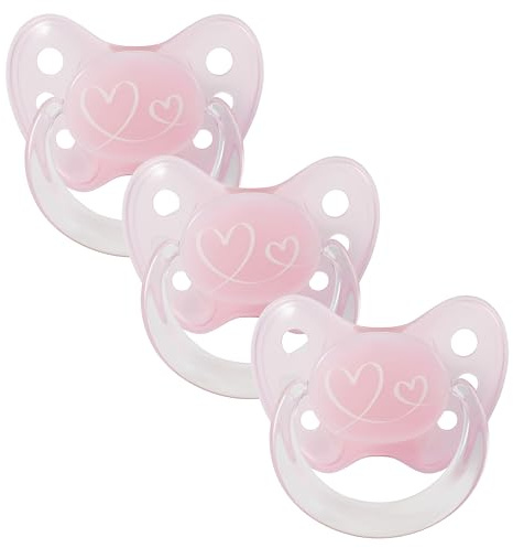 dentistar Silikon Schnuller 3er-Set - Größe 2, 6-14 Monate - Zahnfreundlicher Nuckel mit Dentalstufe – BPA-frei - Made in Germany - Herzen, Rosa