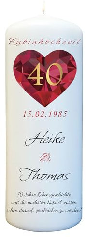 Rubinhochzeit Kerze mit Namen & Wunschtext personalisiert - Geschenk zum 40 Hochzeitstag (25cm x 8cm)