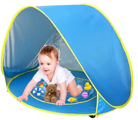 KBIBCK Strandmuschel Pop Up, Pop Up Strandzelt mit UV Schutz, Baby Strand Zelt mit Mini Pool, Tragbar Pop Up Baby Strandzelt mit Tragetasche und Zeltpflöcke für Kleinkinder, Picknick,Garten (Hellblau)
