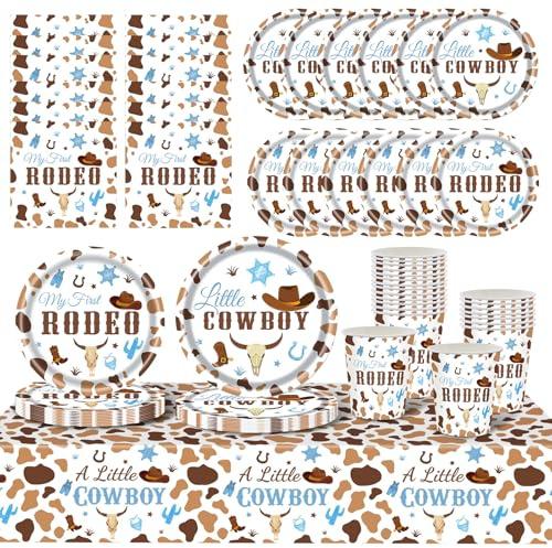 Kklolai 97 pezzi Western Cowboy Baby Shower Bomboniere Bulk-48 piatti usa e getta, 24 tovaglioli blu marroni, 24 bicchieri di carta e tovaglia My First Rooeo, decorazioni di compleanno per ragazzi e