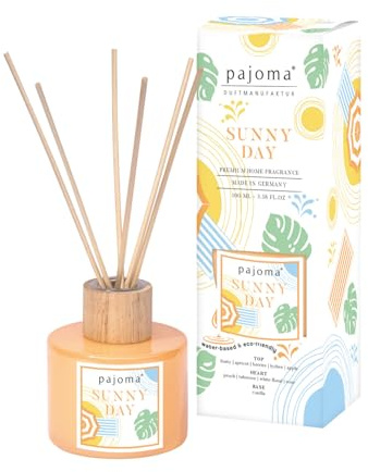 Raumduft Diffuser Sunny Day, 100 ml mit Stäbchen - Essential Oils Lufterfrischer in Geschenkverpackung | Sonnige Frische aus Bergamotte, Orange & Citrus | Wohn-, Schlaf-, Bad, WC, Hotel, Büro, Deko