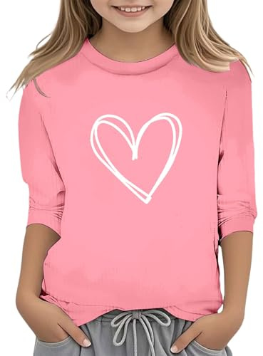 Haut élégant à manches longues pour fille avec imprimé de la Saint-Valentin, tendance, fonctionnel, col rond, manches 3/4, t-shirt décontracté à paillettes pour fille, Rose, 13-14 ans