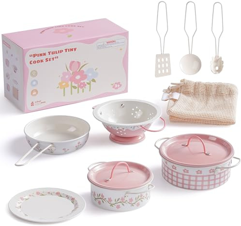 ROBUD Pots and Pans Playset, 8PCS Toy Kitchen Accessories Utensils Set, Kids Kitchen Cooking Set for Pretend Play Food, Kids Gifts for Girls Boys 3 Year Old +, Pink