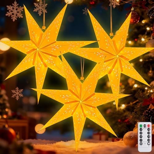3Pcs Papierstern Lampenschirm,45cm LED Papiersterne Zum Aufhängen mit Fernbedienung und Timer,Papierstern mit Beleuchtung 8 Leuchtmodi,Papierstern Beleuchtet zum Aufhängen,Weihnachtsstern Beleuchtet