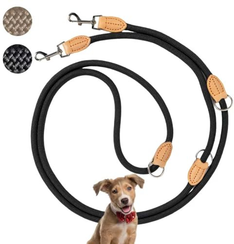 LeileiPaws 3 m Verstellbare Multifunktions-Hundeleine aus Nylon & Leder – Führ-, Schulter- & Hüftleine für kleine bis große Hunde – Robust für Training, Spaziergang & Joggen (Schwarz, 3m x 0.8cm)