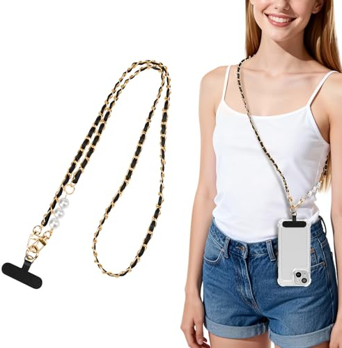 Faux Pearl Phone Crossbody Chain for Women, Elegant Beaded Phone Lanyard with Universal Tags, Hands-Free Phone Strap Compatible with iPhone, Samsung and All Smartphones (Black)