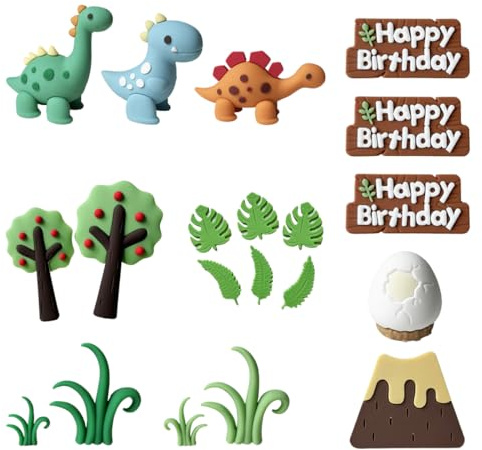 YAZWUR Set de 20 Piezas de Decoración de Pastel de Dinosaurios - Decoración de Cumpleaños con Huevos de Dinosaurio, Volcanes, Hierba, Hojas, Animales, para Fiesta de Cumpleaños Infantil