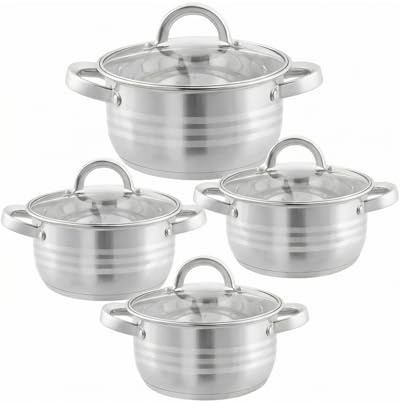 Bavary Bateria De Cocina 8 Pzs - Juego De Ollas Y Sartenes, 18/10 Ollas Acero Inoxidable - Cacerolas De Cocina Induccion - Cazo Cocina, Tapas Vidrio,Capsulado,Eco,Apilable - Todo Fuego Ceran/Gas