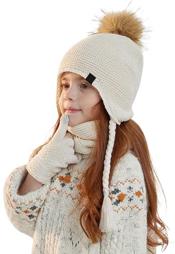Generisch Ensemble bonnet et écharpe pour enfants et filles - Motif dinosaure - Écharpe tubulaire - Gants - Bonnet d'hiver avec cache-oreilles - Bonnet tricoté - Pompon - Tenue d'automne de 4 à 10 ans