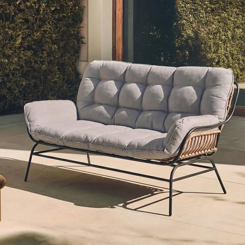 Mendler 2er-Sofa HWC-P75 Stoff - dunkelgrau, Polster hellgrau | Gartensofa, Gartenbank, Couch, 2-Sitzer, 220g/m², Poly-Rattan, Metall