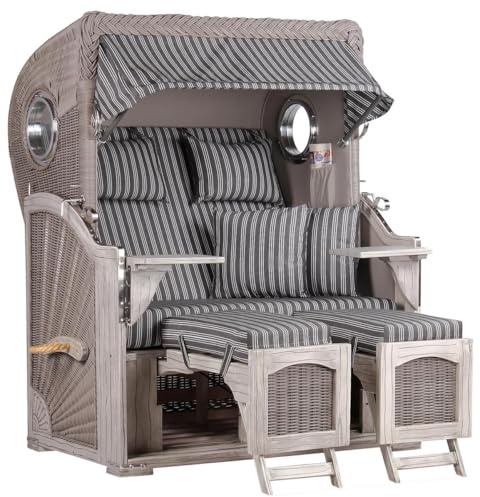 MR. DEKO Strandkorb Grau Volllieger Düne Mahagoni Washed Grey | PE Rundgeflecht Koboo mit Bullaugen | Komplettset Lifter System, Rollen, Schutzhülle | Strandkörbe 2 Sitzer | 125x80x170cm