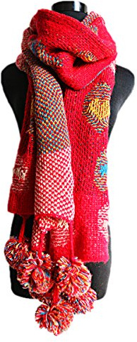 Butterme longue écharpe en tricot pour femme, chaude écharpe d'hiver, foulard à pois coloré, écharpe tubulaire Bohemia avec pompons amovibles, 200 x 36 cm, multicolore. rouge Rot taille unique