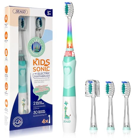 SEAGO Kids Electric Toothbrush with 2 Mins Brushing Timer and 4 Replacement Brush Heads, Rainbow LED Light Makes Brushing Fun, Boys Battery Powered Toothbrush for 4-12 Years Old，SG-977(Green)