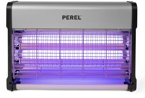Perel Elektrischer Insektenvernichter, UV-Lampe, Mückenlampe, Fliegenfalle, Anti Mücken Anti Fliegen Anti Wespen, Hochspannungsgitter 2800 V, 80 m², abnehmbare Auffangschale, Metall