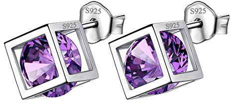 Aurora Tears 925 Sterling Silver Birthstone Necklaces Stud Earrings Jewellery Sets Gifts Square Birth Stone Pendant for Women and Girls