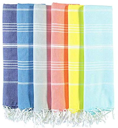 Global_Trading XL Turkish%100 Cotton Bath Beach Spa Sauna Hammam Yoga Gym Hamam Towel Fouta Peshtemal Pestemal Blanket - Set of 6 with Gift Bath Mitt (6, Multi)