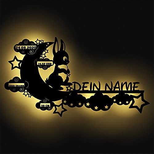 Namofactur Hase auf Mond Schlummerlicht I Personalisiertes Babygeschenk zur Geburt und Taufe - LED Hintergrund-Beleuchtung I Batteriebetrieben