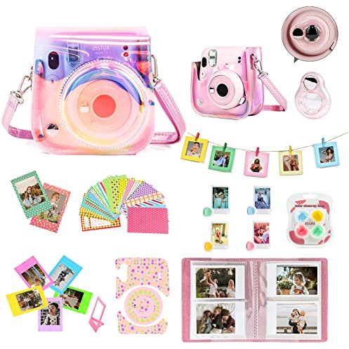 WOGOZAN Mini 11 Accessories for Fujifilm Instax Mini 11 Instant Camera Include Case, Color Filters, Photo Album, 2x3 Frames, Selfie Lens and Stickers (Transparent Pink) (No Camera)