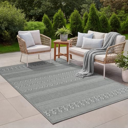 the carpet Calgary - Outdoor Teppich Wetterfest für Balkon & Terrasse, Robuster Flachgewebe Teppich für Garten, Pflegeleicht In- & Outdoor, Boho Vintage Design, Grau-Uni, 160 x 220 cm