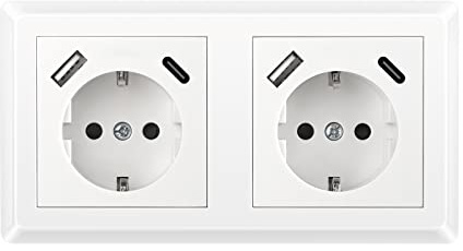 Kaifire Doppelsteckdose mit 2 USB Ladegerät und 2 Typ C, Schuko USB Steckdose Unterputz System 55 Reinweiß Glänzend Passt in Standard 2-fach Unterputzdose, Wandsteckdose für Smartphone Tablet MP3