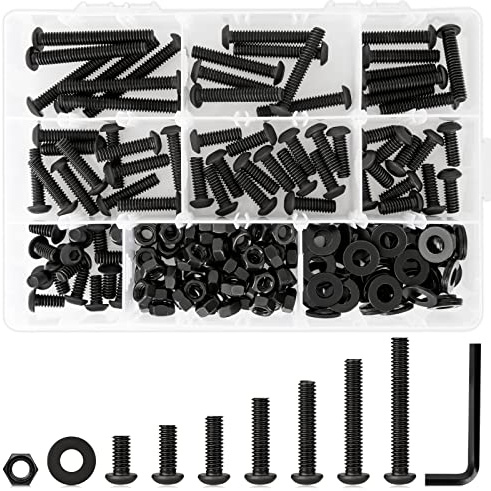 K Kwokker 1/4 20 Bolt and Nuts, 7 Sizes are 2, 1-1/2, 1-1/4, 1, 3/4, 5/8, 1/2, Button Head Hex Socket Cap Screws, Black, Full Machine UNC Thread, with Washers for Screws, 219Pcs Totally