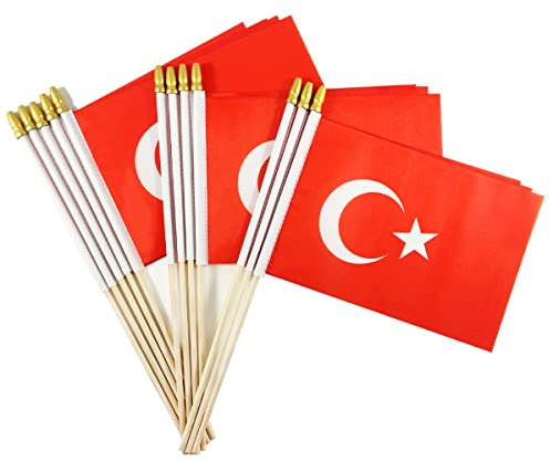 Newperlite Bandiere della Turchia con bastone della Turchia, piccole mini bandiere da tenere in mano, con asta in legno massiccio e punta a lancia (confezione da 12, 12 x 20 cm)