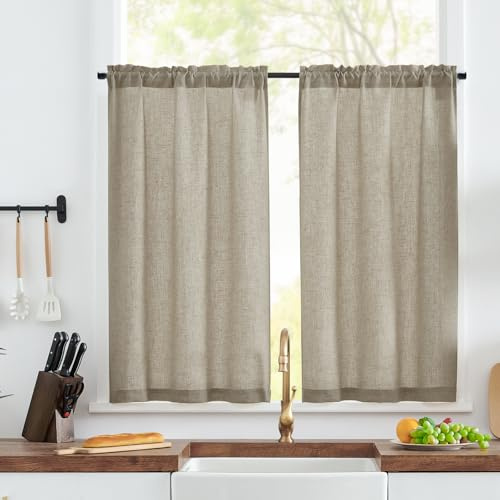 TOPICK Scheibengardinen modern Wohnzimmer Braun Bistrogardine 2er Set Scheibengardinen Küche Leinenoptik Küchengardinen H115xB65 cm Gardine für Küchenfenster Küchenvorhänge Landhausstil