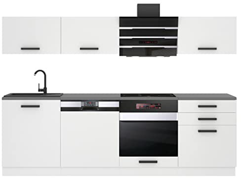 Belini Küchenzeile Küchenblock Linda - Küchenmöbel 240 cm Einbauküche Vollausstattung ohne Elektrogeräten mit Hängeschränke und Unterschränke, ohne Arbeitsplatten, Weiß matt