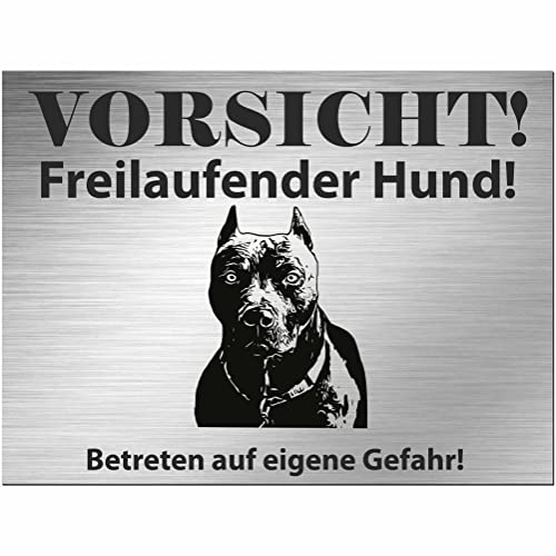 Indigos UG - Schild Pitbull Terrier - bedruckt - Vorsicht Freilaufender Hund - Aluverbundplatte Edelstahl Look - 20x15 cm - Spruch - Deko Geschenkidee für Ihren Hund - Zaun - Türschild - Hinweisschild