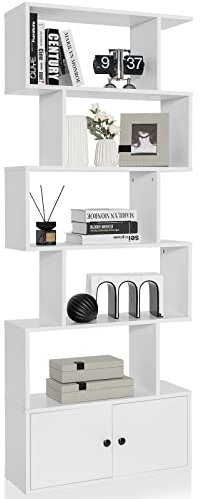 GIANTEX Bücherregal 5 Ebenen mit Schrank, Standregal freistehend aus Holz, Raumteiler Aktenregal mit Kippschutz, Aufbewahrungregal 70x23x183 cm, Holzregal für Wohnzimmer (Weiß)