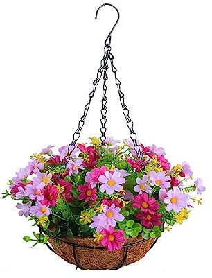 BYNYXI Künstliche Hängende Geranien, Künstliche Blumen Hängend mit Topf Gänseblümchen Sonnenblumen Seidenblumen Kunstblume Kunstpflanze Geranie Hängekorb mit Blumentopf Balkonblume Zimmerpflanze