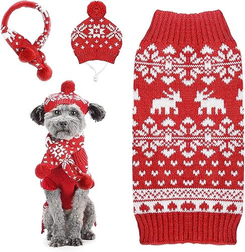 SKXEO Hund Weihnachten Pullover 3 PCS Set Haustier Mütze Schal Pullover Schneeflocke Weihnachten Kostüm Stricken Outfits Welpe Katze Urlaub Kleidung